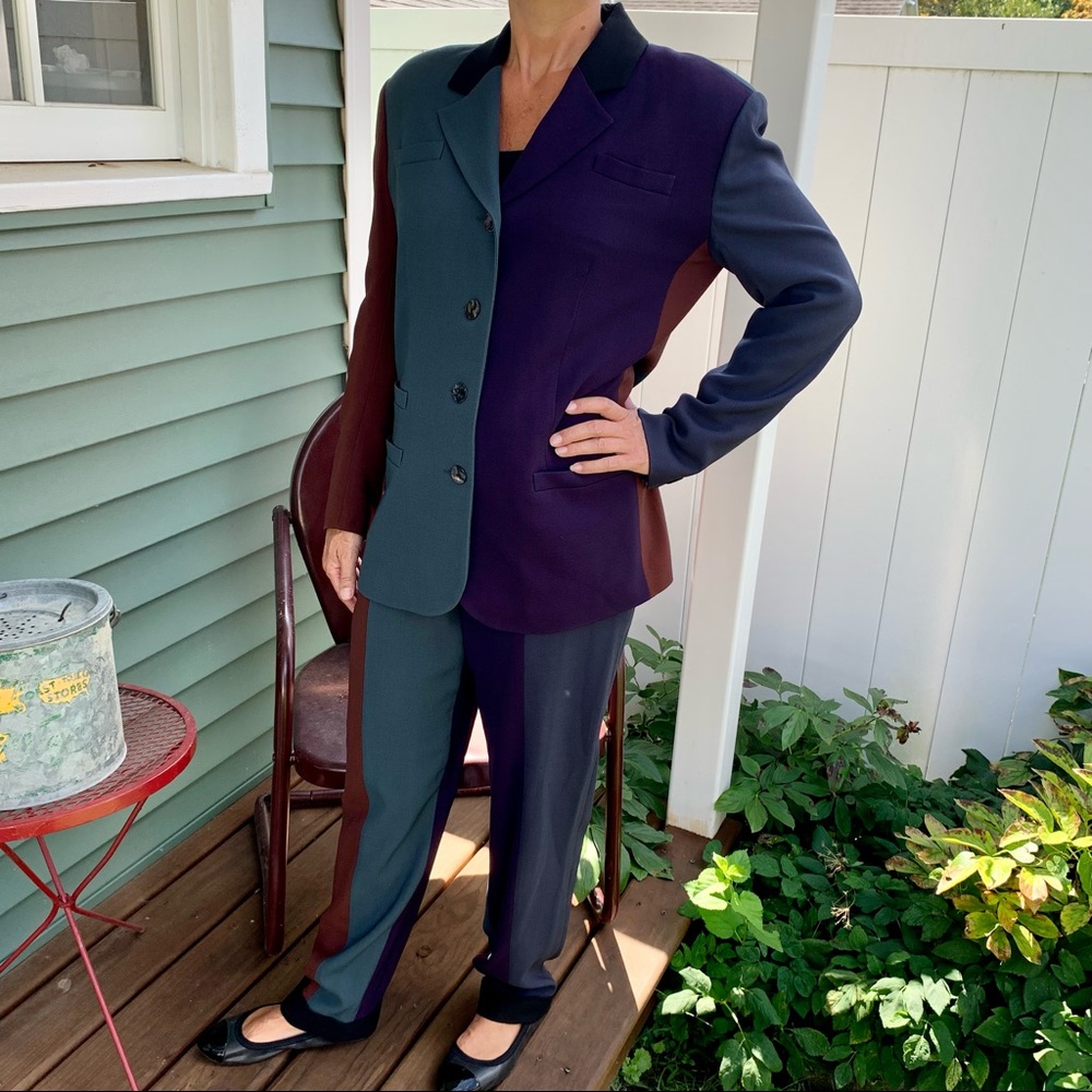 Vintage 90s Myrene de Premonville Paris Wool Colorblock 2 Piece Pant Suit - Picture 2 of 16